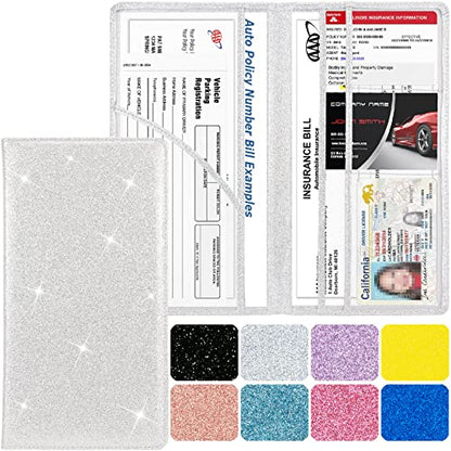 Car Registration and Insurance Holder, 2 Pack Glitter Leather Vehicle Glove Box Organizer with Magnetic Shut for Document, Cards, Driver License, Black and Silver Bundle