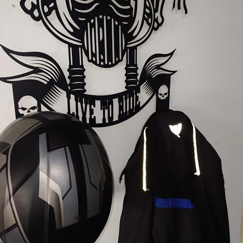 Handmade Metal Skull Wall Hanger – “Live To Ride” Motorcycle Helmet and Jacket Rack – Black Steel Wall Art for Garage, Man Cave, or Workshop Gift (52X59cm/20X23 Inches) - size: 52X59cm/20X23 Inches