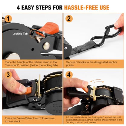 Retractable Ratchet Straps (4-Pack) - 1 Inch x 10 Feet (1,764lb Break Strength) - Heavy Duty Auto Self Retracting Tie Down Straps for Truck, Cargo Trailer, Motorcycle, ATV, UTV - Black - color: Black