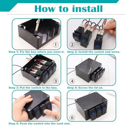 Twidec/Marine Rocker Switch Box Waterproof 12V 3 Gang Blue LED Light Toggle Switch Panel with Night Glow Stickers for Car Truck Boat RV