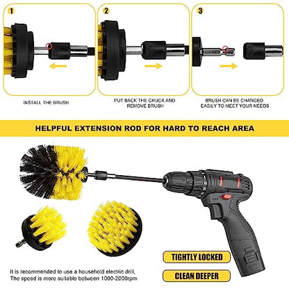 Drill Brush Attachment Set - 4 Piece Cleaning Kit for Bathroom Surfaces, Grout, Floor, Tub, Shower, Tile, Kitchen and Car - Electric Multi-Purpose Scrubber - color: Yellow and Black