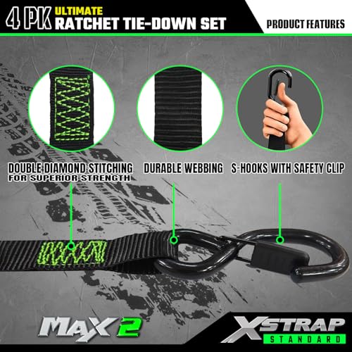 XSTRAP STANDARD 4PK Motorcycle Ratchet Straps, 1" x 15ft, 2,200 lbs Break Strength Tie Down Straps with Safety Lock S-Hooks, Soft Loop Straps and Stickers for Trucks, Cargo, Moving (Black) - size: Black-2200 lbs-4Loops