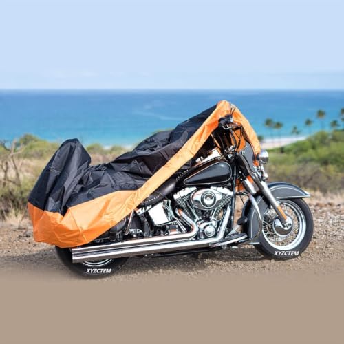 XYZCTEM Motorcycle Cover – All Season Waterproof Outdoor Protection – Precision Fit up to 104 Inch Tour Bikes, Choppers and Cruisers – Protect Against Dust, Debris, Rain and Weather (Black& Orange) - size: 104"