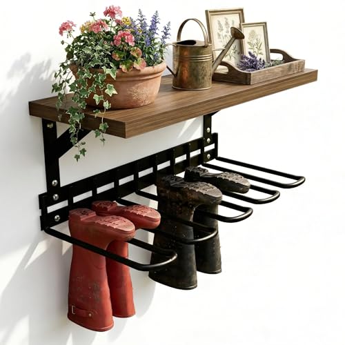 Decoroca Wall Mount Boot Rack, Garden Tool Organizer With 5 Curved Hooks & Wood Shelf, Heavy Duty Wader Boot Hangers Organizer Rack Trays for Outdoor/Indoor, Garden, Garage (2 Pack) - size: 2 Pcs