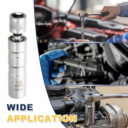 HARFINGTON 2pcs Spark Plug Socket Set 3/8" Drive 16mm Swivel Magnetic 12 Point Thin Wall Spark Plug Socket with 360 Degree Swivel CR-V Steel, Silver - size: 16mm