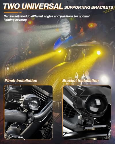 BraveWAY Motorcycle Fog Lights 60W 18000LM 9 Modes Strobe LED Driving Spotlight Auxiliary with Amber White Dual Color Offroad Aux Light Plug and Play Wiring Harness Kit and 2 Mounting Brackets - color: Moto-F1-1 LENS