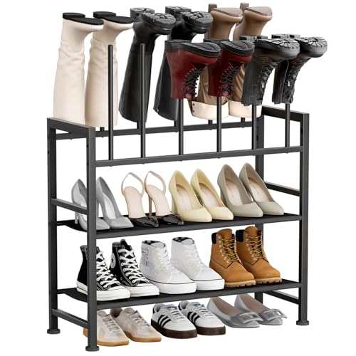 DIMJ Free Standing Shoe Racks - 4-Tier Boot Rack, Black Metal Boot Storage Organizer Tall Boots Organizer for Closet, Multiuse Shoe Rack for Boots, Sneakers,Fit for 6 Pairs Boots, Black - size: 4-Tier 6 Pair