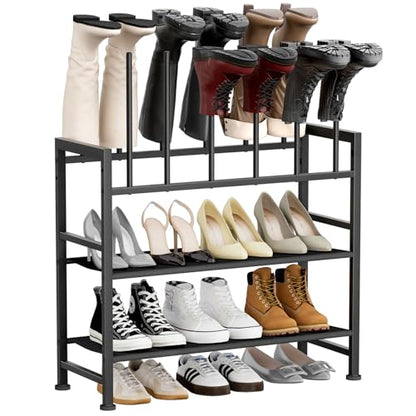 DIMJ Free Standing Shoe Racks - 4-Tier Boot Rack, Black Metal Boot Storage Organizer Tall Boots Organizer for Closet, Multiuse Shoe Rack for Boots, Sneakers,Fit for 6 Pairs Boots, Black - size: 4-Tier 6 Pair
