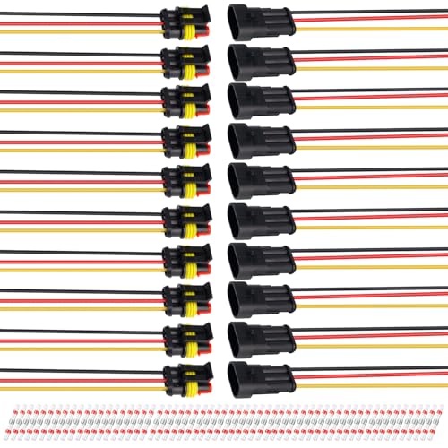 TMH 10 Sets of 3 Pin Electrical Connector Male and Female, 10cm. 22 AWG Waterproof Wire Connectors Automotive 3 Way with Heat Shrink Tubing for Car Truck Boat Wire Connection - size: 3 Pin - 10 Sets