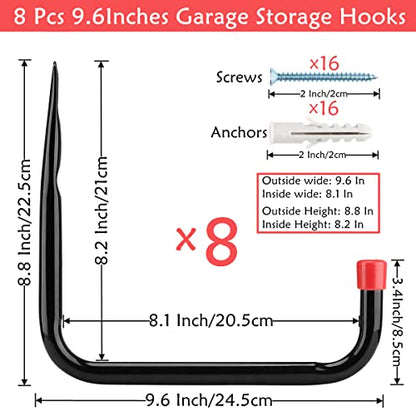 8 Pack Wall Mount Storage Hooks, 9.6IN Garage Utility Hanger for Ladder, Hold Chairs, Garden Tool, Hose, Bike - size: 9.6inch