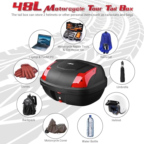 Motorcycle Trunk Motorcycle Top Case Tour Tail Box Lockable Storage Carrier Case for Helmet Luggage Black (48L) - size: 48L