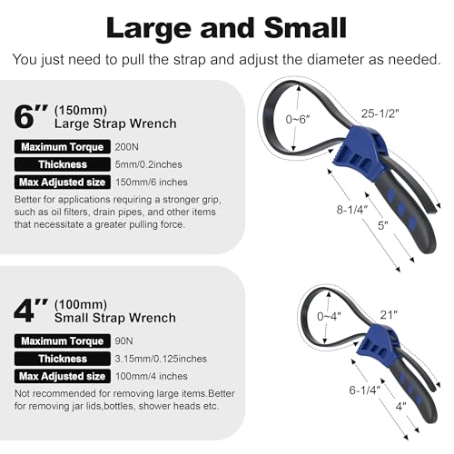 Strap Wrench Set, 2pcs Adjustable Rubber Strap Wrench, Oil Filter Strap Wrench, Max Diameter 4" and 6" with Rubber Belt, Jar Opener for Weak Hands