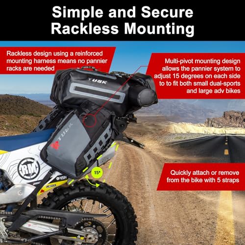 TUSK Highland X2 Rackless Luggage System w/Medium Dry Duffel Tail Bag Compatible with KTM/Husky 690-701 Heat Shield Black/Tan - color: Black/Tan, size: Medium Dry Duffel/Tail Bag, style: Ktm/Husky 690-701 Heat Shield