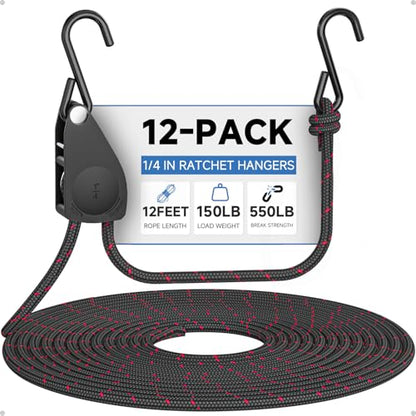 Fondwell 1/4" Rope Tie-Downs Ratchet Straps: 12 Pack of Heavy Duty Adjustable Hangers for Various Hanging and Strapping - size: 1/4" 12-Pack