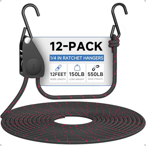 Fondwell 1/4" Rope Tie-Downs Ratchet Straps: 12 Pack of Heavy Duty Adjustable Hangers for Various Hanging and Strapping - size: 1/4" 12-Pack