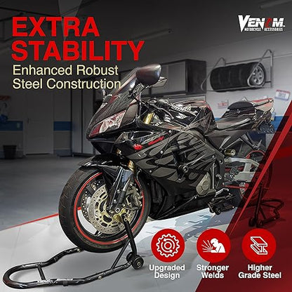 Venom Motorcycle Stand Lift, Front & Rear Combo, Universal Paddock Lift Stand, Front Wheel Fork Stand Rear Wheel Swingarm Spool Stand, Compatible With Most Yamaha Honda Kawasaki Suzuki BMW Motorcycles