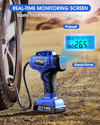 KeenPower Smart Cordless Tire Inflator Portable Air Compressor Rechargeable 21V Battery Powered 160PSI Handheld Air Pump w/4+N Smart Modes & Dual Power & Digital Pressure Gauge for Cars Motorcycles