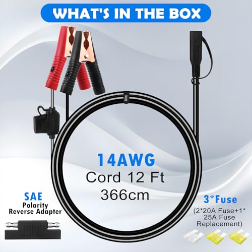 12FT 14AWG Battery Alligator Crocodile Clip to SAE Connector Extension Cable,12V SAE Quick Release Adapter to Alligator Clips Quick Disconnect Cable