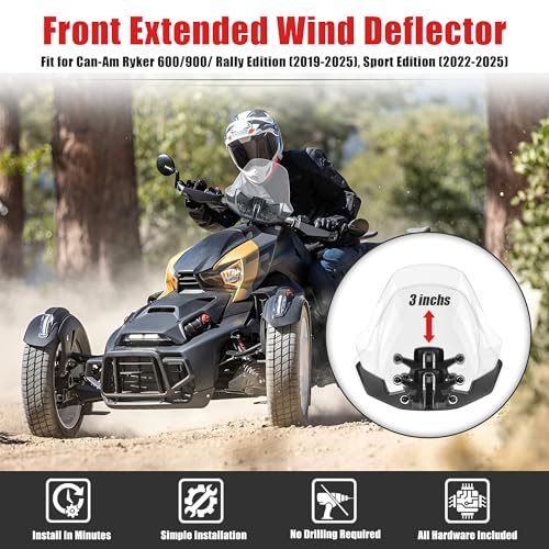 Goldfire Windshield Extension Front Extended Wind Deflector Adjustable Airflow Windscreen for Can-Am Ryker 600/900/ Rally Edition (2019-2025) & Sport Edition (2022-2025), Replace OEM #219401023