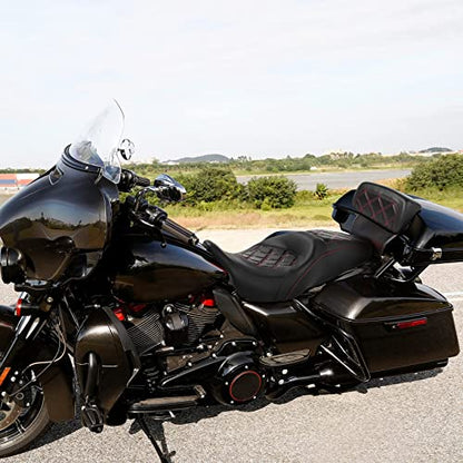 C.C. RIDER Classic Seat Backrest Pad - Driver Seat Rider Sissy Bar Passenger Backrest Pad Kit fit for Harley Davidson Touring Road King Street Glide Electra Glide Road Glide 2014-2023 - color: Seat + Passenger Sissy Bar Black Red