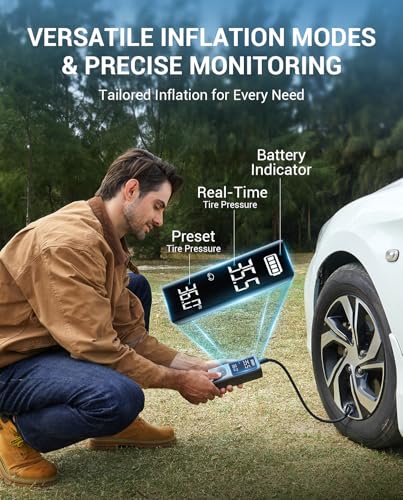 AVAPOW Portable Tire Inflator, 150 PSI Cordless Air Compressor with Digital Gauge, 3.7″ LCD, Auto Shut-Off, Fast Inflation, USB-C Rechargeable PD 20W for Cars, Bikes, Motorcycle & Emergencies