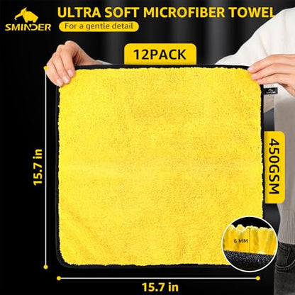 SMINDER 12-Pack Microfiber Cleaning Cloth, Car Drying Towels Car Detailing– XL Microfiber Towels for Cars, Trucks (15.7" x 15.7"), Ultra-Absorbent, Streak-Free, Scratch-Free, No Water Spots - color: Yellow