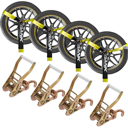 Car Tie Down Straps (4PK) with J Finger Hook Lasso Ratchet Strap 2 Inch x 96 Inch- for Any Car, SUV, Jeep or Sports Car - color: Yellow