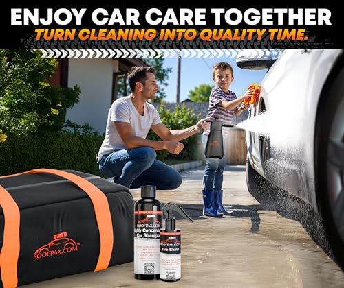 RoofPax Eco-Friendly Waterless Car Wash Spray Kit with Pressure Foam Microfiber Cloths Gel Cleaner Magic Sponge Tire Brush & Tire Spray Rinseless Car Wash for Exterior & Interior Cleaning