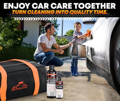 RoofPax Eco-Friendly Waterless Car Wash Spray Kit with Pressure Foam Microfiber Cloths Gel Cleaner Magic Sponge Tire Brush & Tire Spray Rinseless Car Wash for Exterior & Interior Cleaning