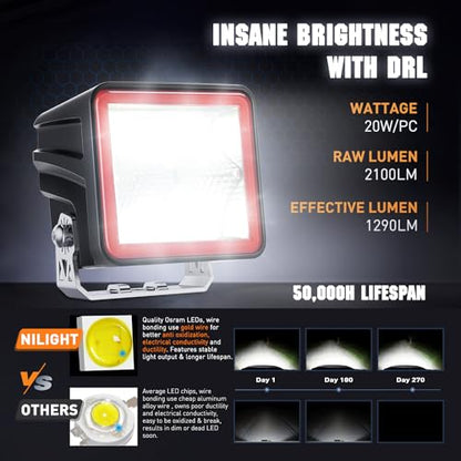 Nilight 3 Inch Cube LED Pod Light Bar 20W 2100LM Super Flood Screw-Less Offroad Driving Work Lights w/16AWG DT Wiring Harness Kit for Truck UTV 4x4 ATV Motorcycle - color: Indirect 4LED Flood Pod-White