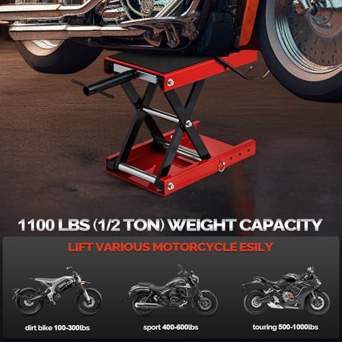 TUFFIOM 1100LBS Motorcycle Scissor Lift Jack，Height Adjustable with Rubber Top Surface & Safety Pin, Foldable Motorcycle Center Stand for Dirt Bike ATV, Red - size: w/Rubber Top Surface