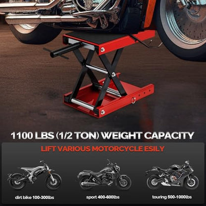 TUFFIOM 1100LBS Motorcycle Scissor Lift Jack，Height Adjustable with Rubber Top Surface & Safety Pin, Foldable Motorcycle Center Stand for Dirt Bike ATV, Red - size: w/Rubber Top Surface