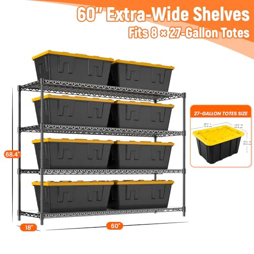 60" W Storage Shelves 2640 LBS Heavy Duty Garage Shelving, Adjustable Wire Shelving Metal Shelving with Liners, Fits 27-Gallon Totes, 60" W x 18" D x 68.4" H for Commercial Warehouse, Black - size: 60" W x 18" D x 68.4" H-4 Tier