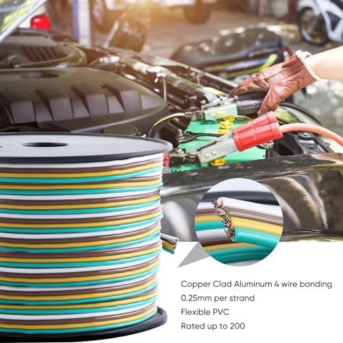 Trailer Wiring Harness 100FT 14 Gauge Trailer Tow Harness Bonded Spool, CCA 4 Way Colour-Coded Trailer Wiring Kit, Waterproof Boat Trailer Wire (Green, Yellow, Brown, White)