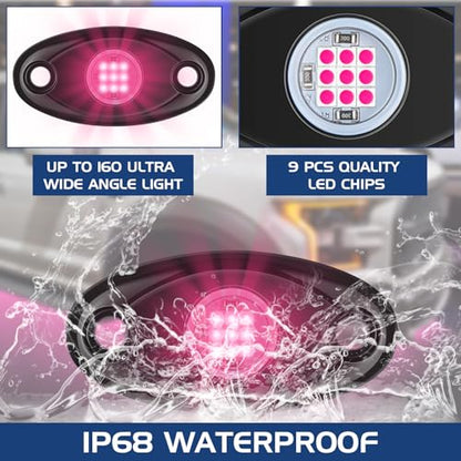 Macarrie 12 Pods Rock LED Lights Waterproof Neon Underglow Trail Rig Lamp Lighting for Car SUV Pickup Truck Motorcycle Boat ATV Utv RZR Rv Offroad Trailer Fender Under Body Golf(Pink) - color: Pink
