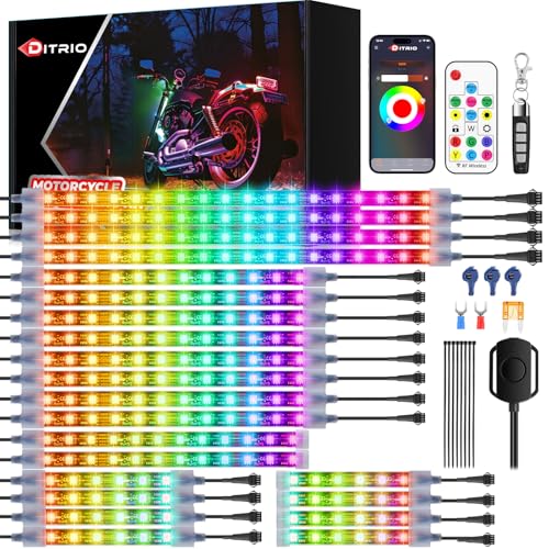 22PCS Motorcycle Led Underglow Kit with Brake Turn Signal, Motorcycle RGB Lights with DITRIO APP/RF Remote Control, Dual Zone,12V Waterproof Pixelglow Effects for Motorcycles, Golf Carts,UTVs, Boats - size: 22 PCS(New 3 Control Mode)