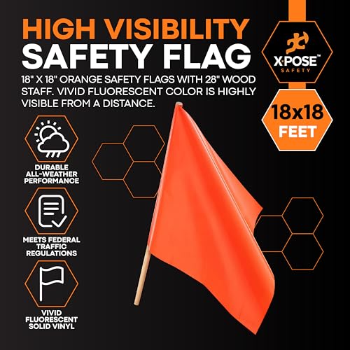 Xpose Safety Orange Vinyl Safety Flags 18" x 18" with 28" Wooden Staff, 12 Pack – High Visibility Warning Flags for Road Crews, Construction Zones, Parking Lots & Emergency Response - size: 28" Wooden Stick