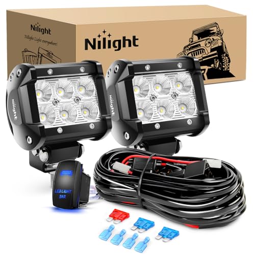 Nilight 4 Inch LED Light Pods 2PCS 18W Flood Fog Light Bar with 12V 5Pin Rocker Switch TE Connector Wiring Harness Kit-2 Leads for 4x4 offroad Pickup Truck ATV UTV SUV Golf Cart Boat - color: 2Pcs 18w Led Light w/Wiring Harness