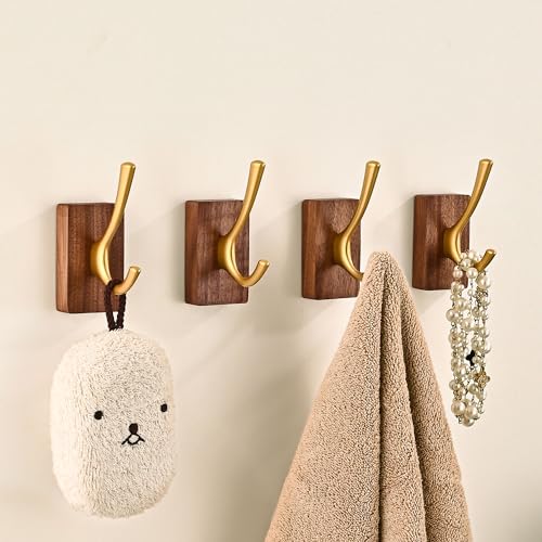 4 Pack Walnut Wood Wall Coat Hooks for Hanging, Adhesive Mounted & Wall Mount Heavy Duty Wooden Double Hook Hanger for Towel Backpack Hat Jacket Clothes Blanket Purse Robe Key Gold Hook - color: Gold Coat Hooks