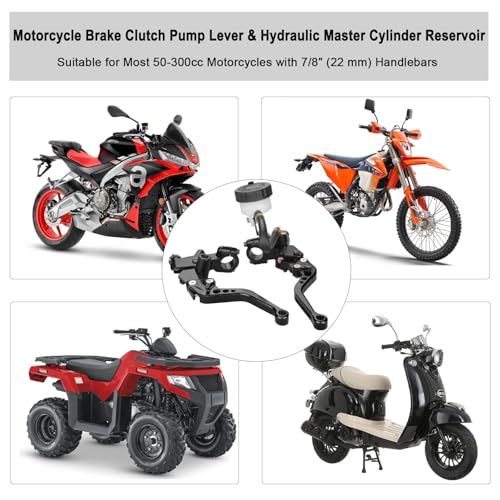 Universal Motorcycle Brake Clutch Pump Lever with Hydraulic Master Cylinder Reservoir Set Left & Right CNC Suitable for 50-300cc Motorcycles with 7/8" 22mm Handlebars - color: Black