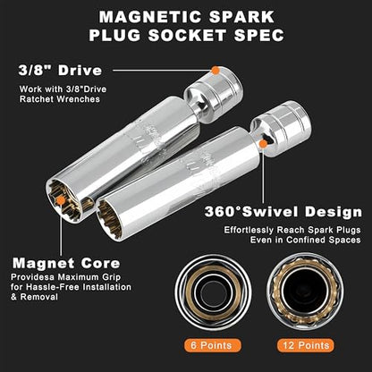 AEROFORCE 14PCS 3/8-Inch Drive Swivel Magnetic Spark Plug Socket Set with 3/8'' Torque Wrench (5-45 Lb.ft/6.8-61.2 Nm), Universal Joint & Extension Bar - Durable CR-V Steel for Easy Spark Plug Removal - size: 14PCS full Magnetic