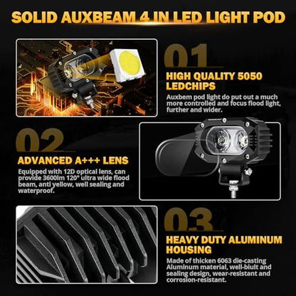 Auxbeam 4" Cube LED Pods, Super Bright 60W Offroad Lights Auxiliary Flood Light Pods Motorcycle Driving Light for ATV UTV SUV Boat Jeep - color: 12D White Flood Beam (ZD000672)