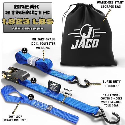 JACO Ratchet Tie Down Straps - 1 inch x 15 ft (Pack of 4) | 1,823 lbs (Blue) - color: Blue