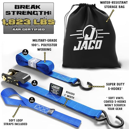 JACO Ratchet Tie Down Straps - 1 inch x 15 ft (Pack of 4) | 1,823 lbs (Blue) - color: Blue