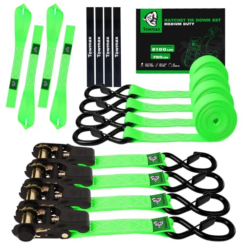 Ratchet Straps Medium Duty 4 Pack -1 Inch x 15 Feet (2,100LB Break Strength)- Motorcycle Tie Down Straps -Soft Loops Tie Downs- Ratchet Tie Down Set for Powersports, Motorcycle or Moving Cargo - style: Green,1"x15',2100lb