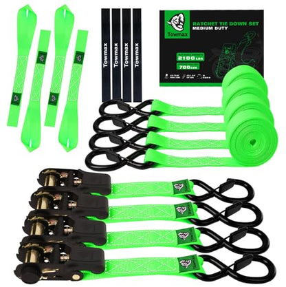 Ratchet Straps Medium Duty 4 Pack -1 Inch x 15 Feet (2,100LB Break Strength)- Motorcycle Tie Down Straps -Soft Loops Tie Downs- Ratchet Tie Down Set for Powersports, Motorcycle or Moving Cargo - style: Green,1"x15',2100lb