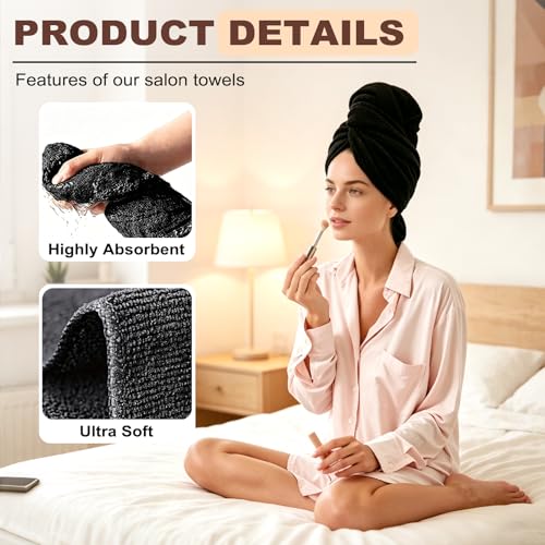 Puomue 6 Pack Black Salon Towels, Super Soft and Absorbent Microfiber Hair Towel for Salon, Bath, Spa, Pool and Home, 27 inch X 16 inch, Black - color: Black - 6 Pack