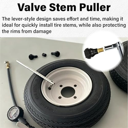 ecocstm Valve Stem Puller Installer Tool, Tire Valve Stem Removal Tool, 6 PCS TR412 Snap-in Tire Valve Stems with 6 PCS Valve Cores, 4 Way Valve Core Remover and Single Head Valve Core Tool (15 PCS)