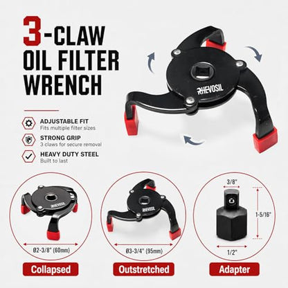 3-Piece Oil Filter Wrench Set, 9" & 12" Adjustable Oil Filter Pliers with 3-Jaw Universal Oil Filter Removal Tool, Oil Change Tool for Car, Motorcycle, Truck & Home Garage Maintenance