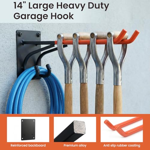 REEWII 14" Large Heavy Duty Garage Hooks,2 Pack Double-Layer Steel Wall Hook,Non-Slip Coated Gardening Tool Hook for Tool Organization, Shed Storage, Ladder Hook, Car Tire Storage - size: 2 Pack